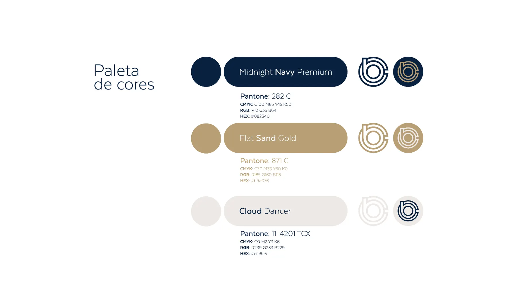 Três cores com nome próprio: Midnight Navy Premium, Flat Sand Gold e Cloud Dancer.