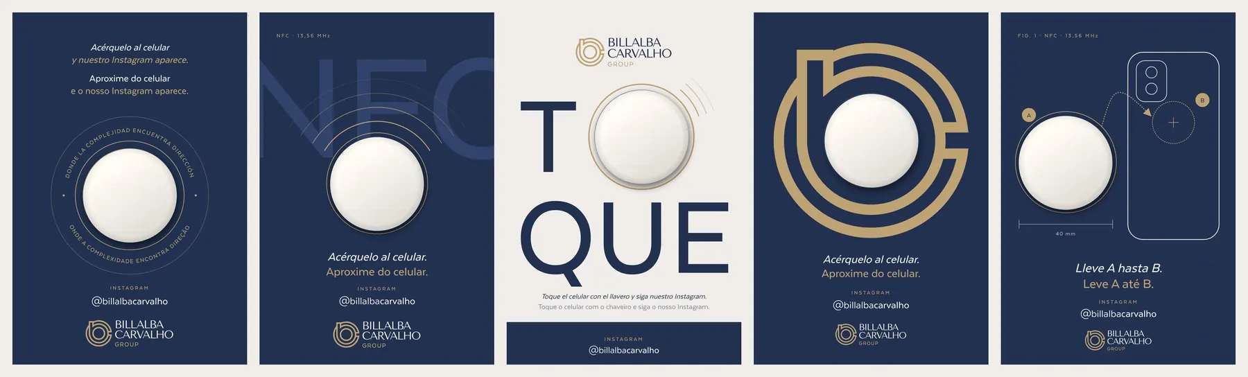 Cinco caminhos para a cartela do chaveiro NFC da Expo, em português e espanhol.
