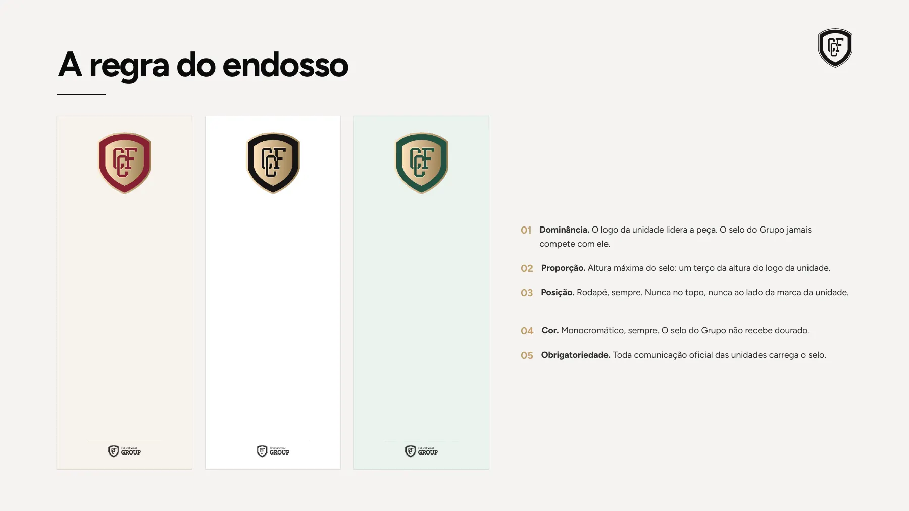 A regra do endosso: selo do Grupo no rodapé, monocromático, com até um terço da altura do logo da escola.