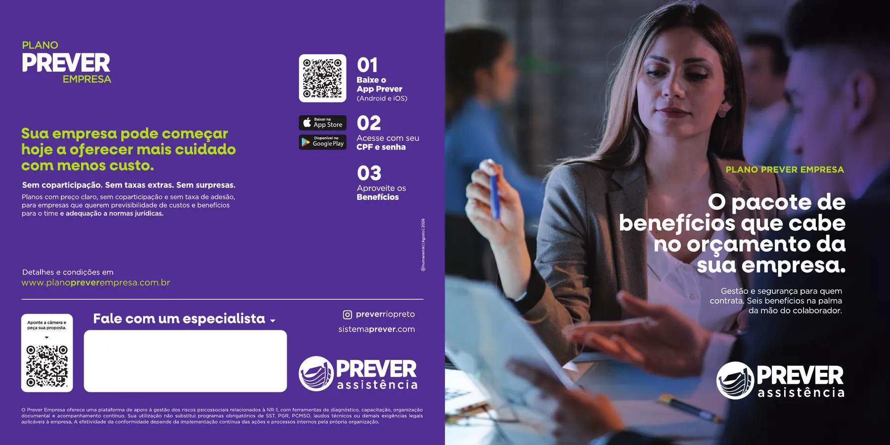 Folder Plano Prever Empresa aberto: promessa, ativação em três passos e capa.