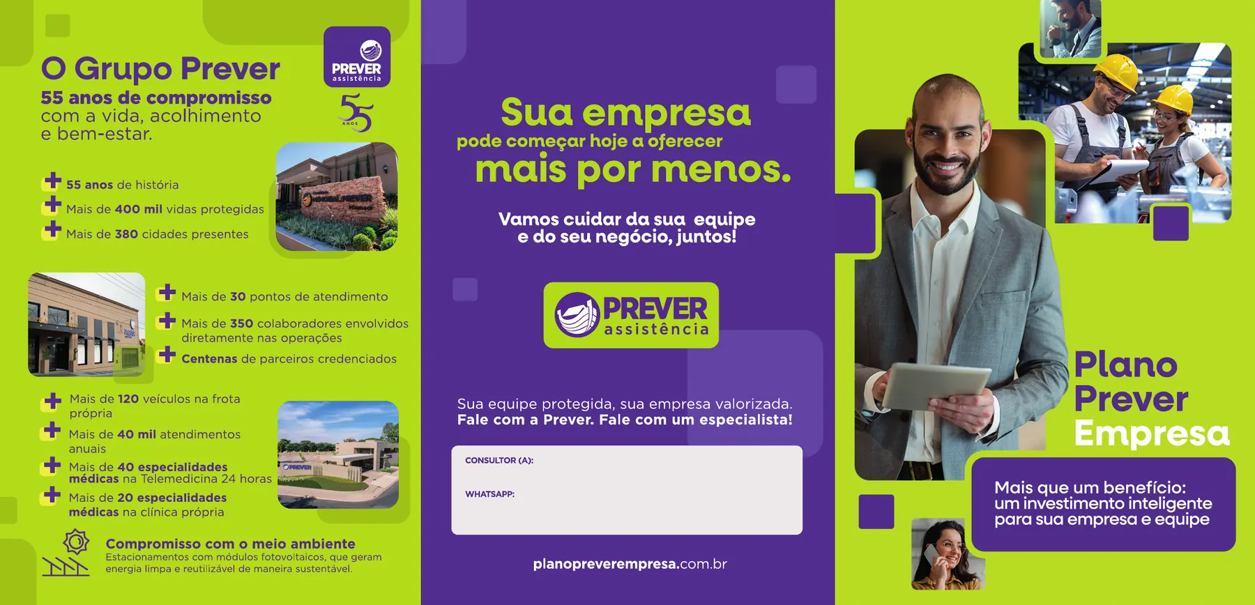Pasta de duas dobras do Plano Prever Empresa, com a faixa institucional do Grupo Prever.