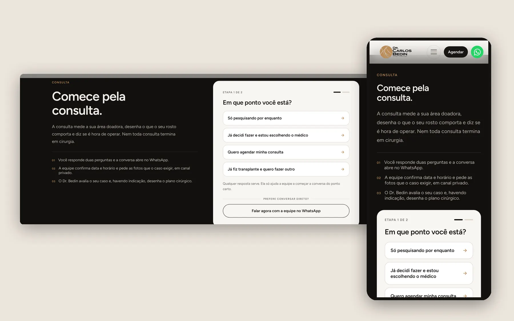 O formulário que pergunta em que ponto a pessoa está antes de abrir o WhatsApp.