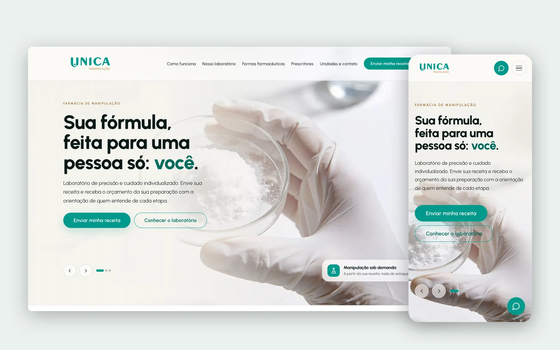 Site institucional no computador e no celular: receita, laboratório e lojas.