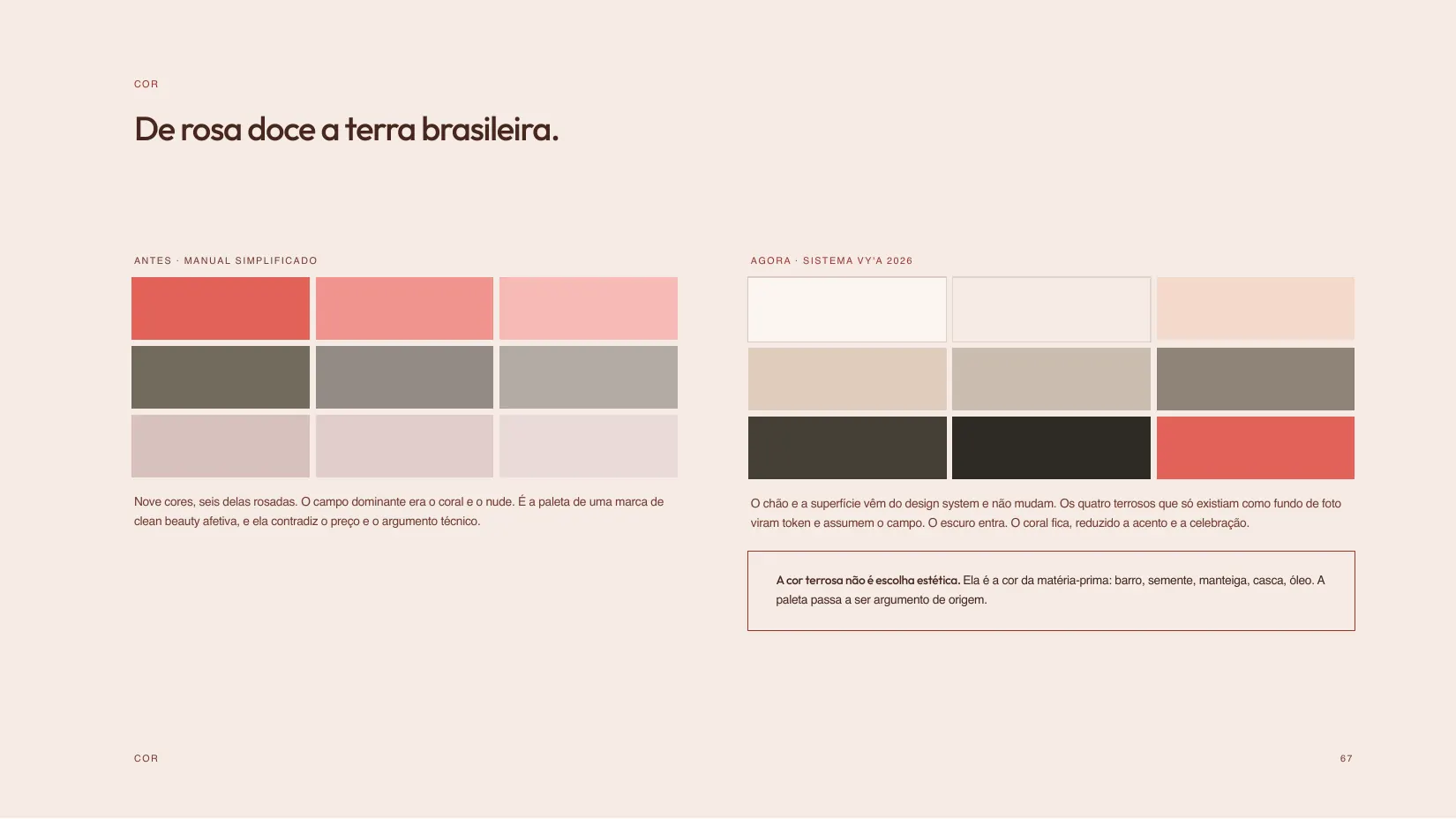De rosa doce a terra brasileira: a paleta passa a ser argumento de origem.