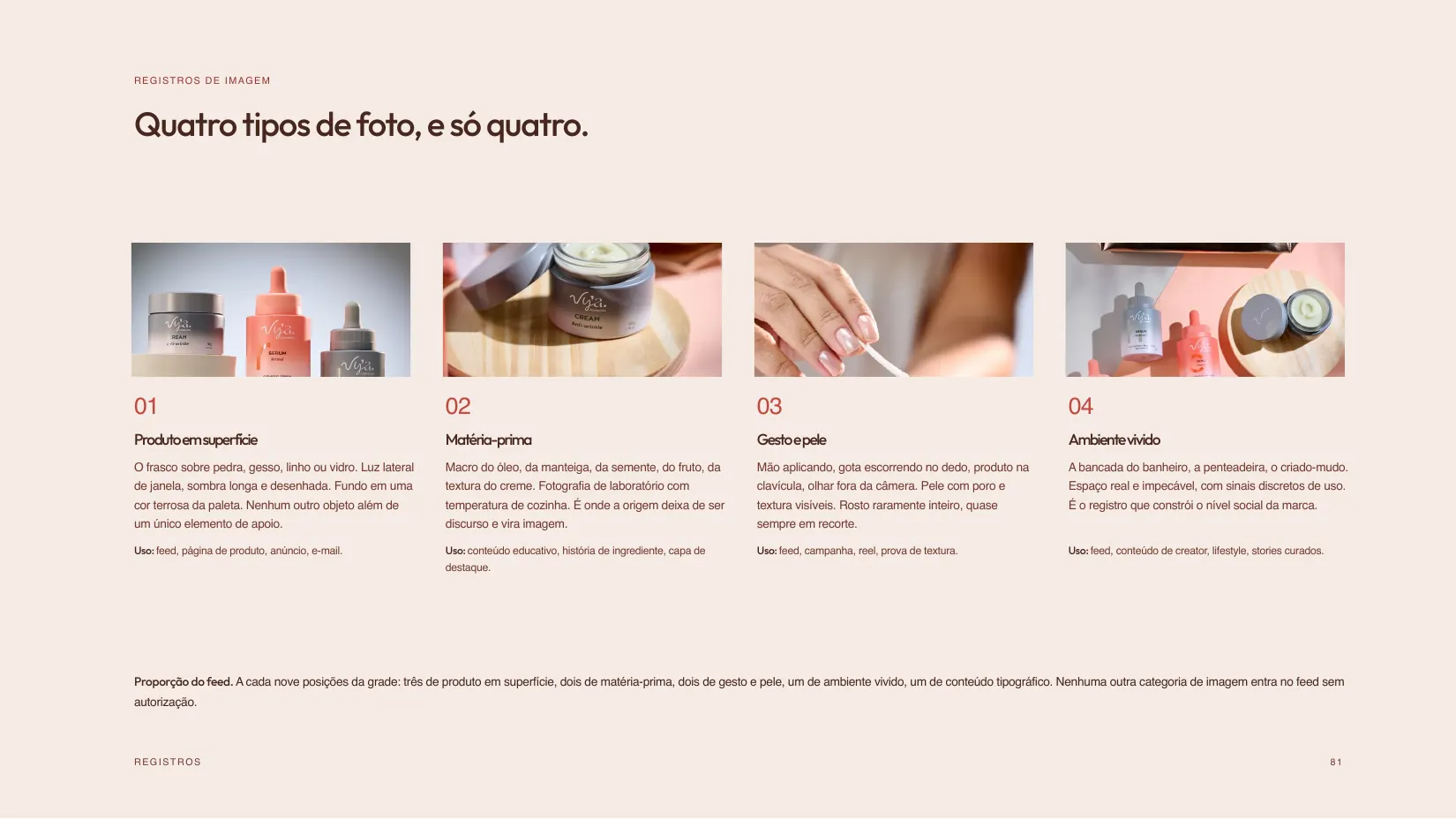 Quatro tipos de foto, e só quatro: produto, matéria-prima, gesto e ambiente vivido.