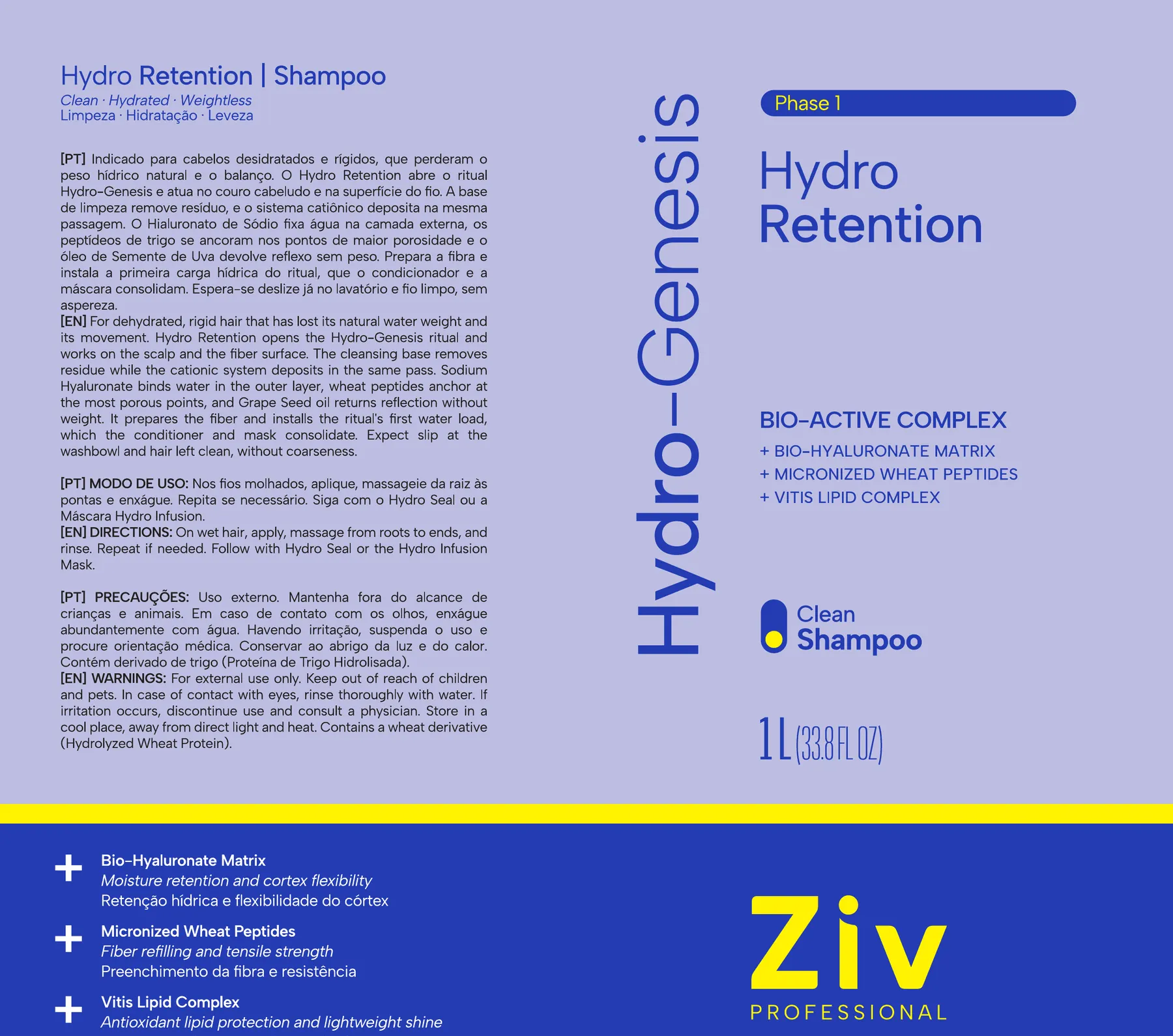 Hydro Retention 1 L: a mesma anatomia de rótulo aplicada a todas as linhas.