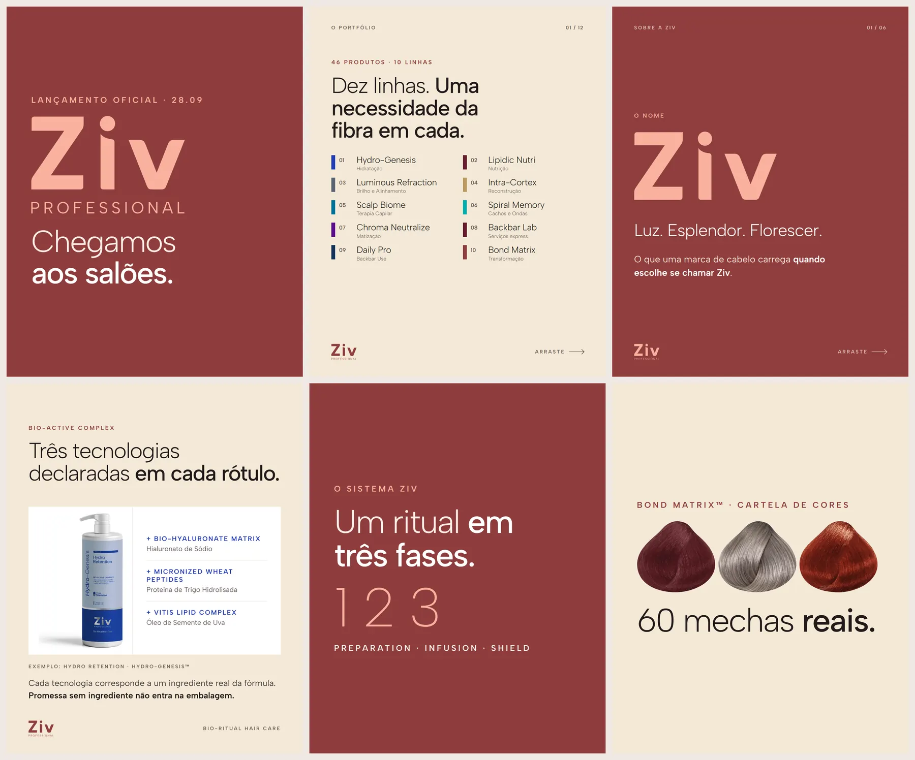 Feed de estreia: anúncio, portfólio, nome, Bio-Active Complex, ritual e cartela.